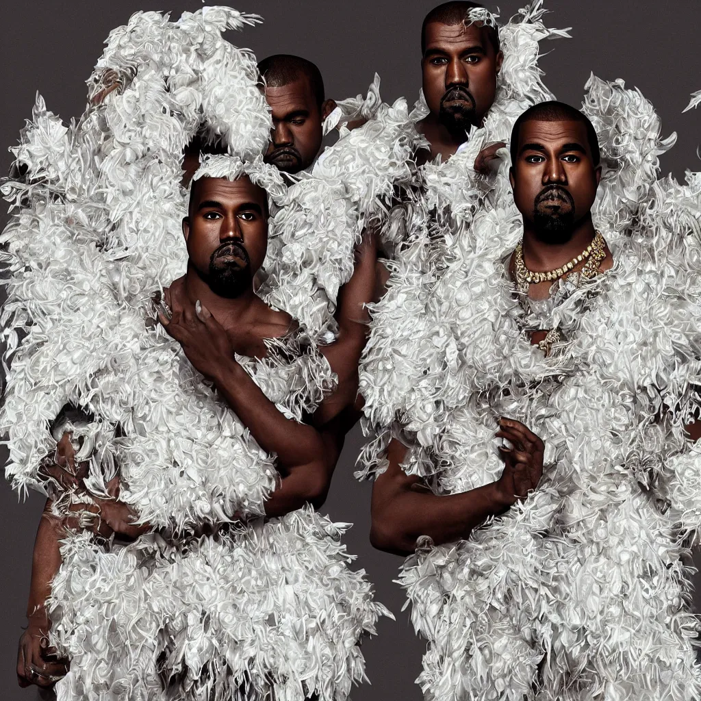 Image similar to kanye west _ with _ a _ decorated _ dress _ made _ of _ white _ pearls _ and _ white _ plumes _ of _ swan _ highly _ detailed _ digital _ painting