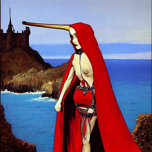 Image similar to flowing, evocative by robert mcginnis. a beautiful body art of a horned, red - eyed, skeleton - like creature, with a long black cape, & a staff with a snake wrapped around it, standing in front of a castle atop a cliff.