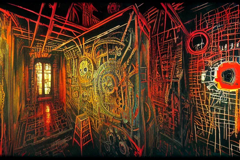 Image similar to the inside of a symmetrical hellish dungeon, mirrors and ancient gears, matte painting, 4 k, epic composition, volumetric light, abstract illusionism, by william stout, jean - michel basquiat, pour paint, modern street art, grunge wall, industrial