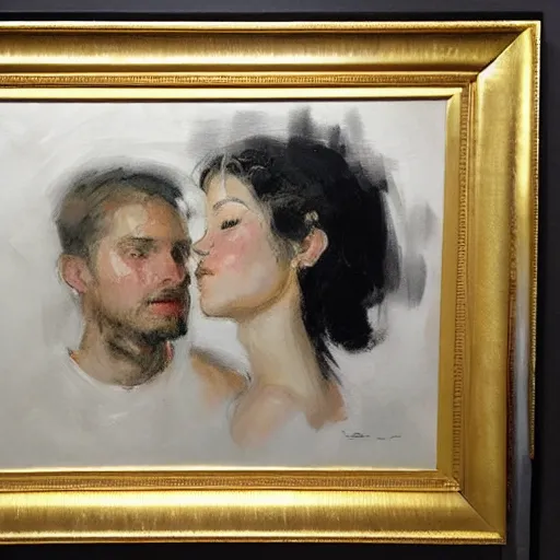 Image similar to spontaneous unfinished romantic portrait, beautiful juicy brush strokes, by Richard schmid and Sargent, low key lighting, black and gold underpainting, trending on cgsociety, expressionism, linen canvas