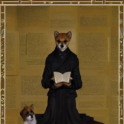 Image similar to lotus pose, anthropomorphic shiba inu, wearing for man ukrainian traditional black vyshyvanka clothes, reading book, portrait art by donato giancola and greg rutkowski, realistic face, digital art, trending on artstation, symmetry