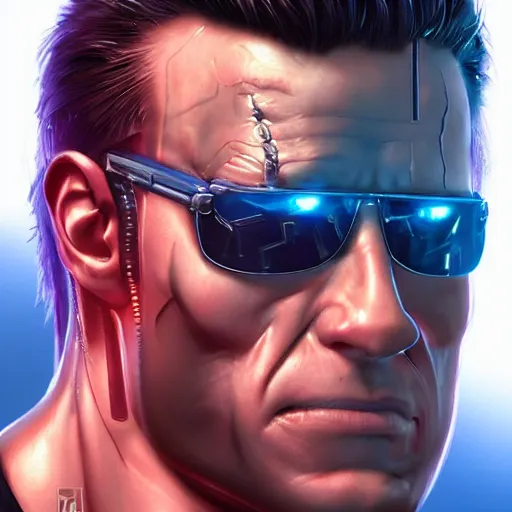 Image similar to T-800 from Terminator and johnny silverhand from cyberpunk 2077 combined by Artgerm, digital art, artstation