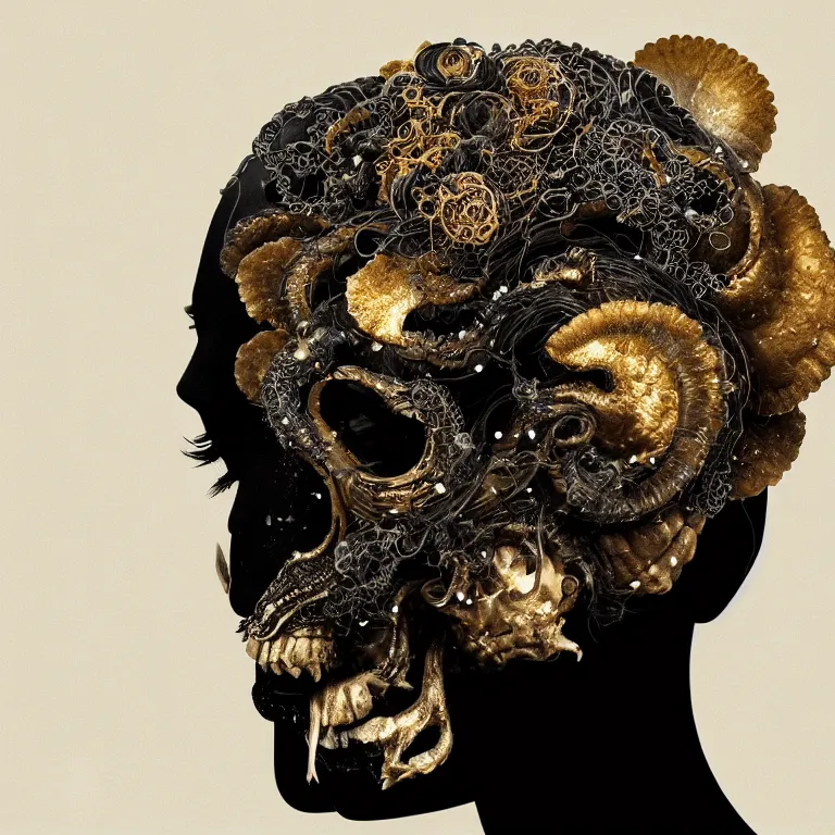 Image similar to black background. goddess princess face close-up portrait ram skull. sculpture made of gold and black charcoal. jellyfish phoenix head, nautilus, orchid, skull, betta fish, bioluminiscent creatures, intricate artwork by Tooth Wu and wlop and beeple. octane render, trending on artstation, greg rutkowski very coherent symmetrical artwork. cinematic, hyper realism, high detail, octane render, 8k