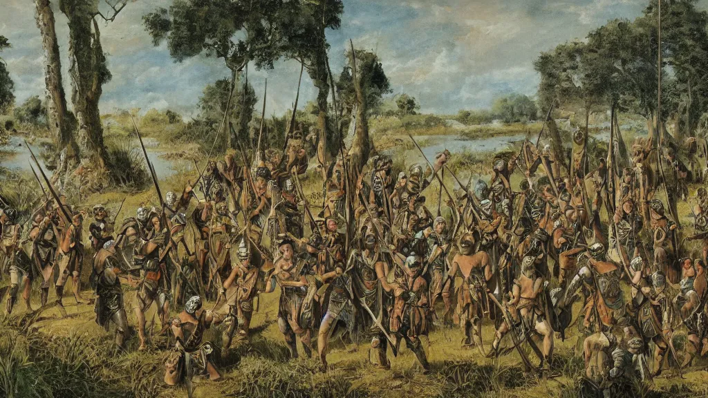 Prompt: celtic tribal soldiers with war paint and spears facing roman legionnaires with swords and spathas in wetland with few cypress trees far away, cinematic, waterpaint, late antiquity, battle, britannia