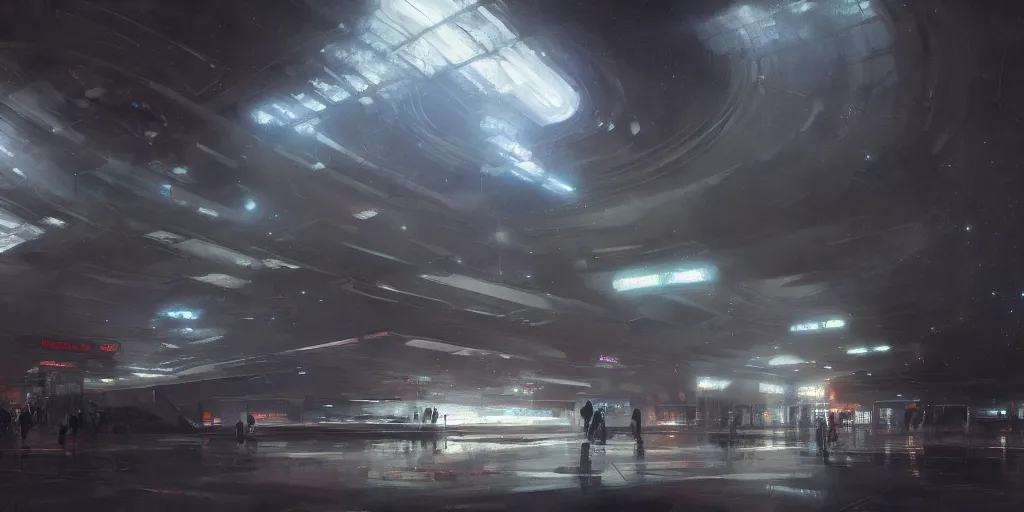 Prompt: painting of a Metro station in the middle of space by greg rutkowski and Craig Mullins, Dark atmospheric and cinematic lighting, 8k