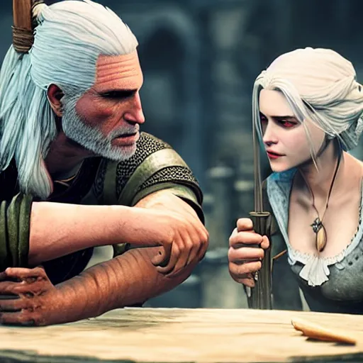 Image similar to geralt of rivia teaching ciri how to make potions in an alchemy lab, stunning 3 d render, perfect facial symmetry, flesh texture, realistic, highly detailed attributes and atmosphere, dim volumetric cinematic lighting, 8 k octane detailed render, post - processing, masterpiece, rtx on, rendering on unreal engine