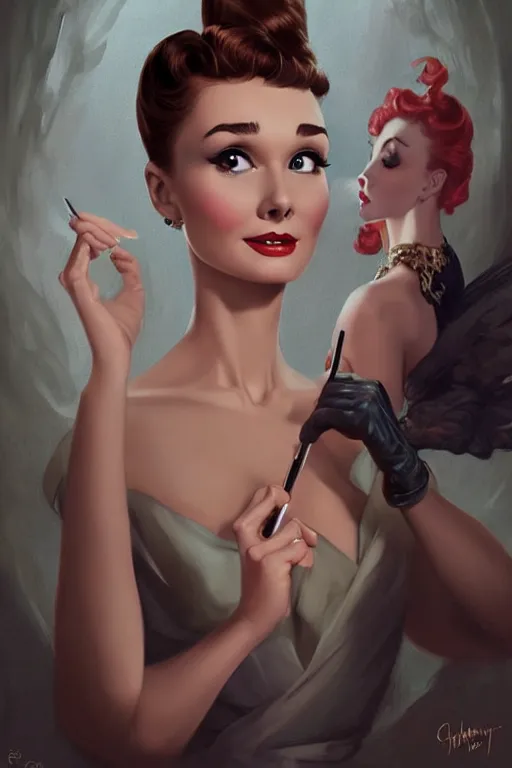 Image similar to audrey hepburn pinup by charlie bowater and anna dittmann and gil elvgren.