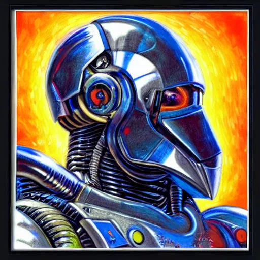 Image similar to futurist cyborg knight, perfect future, award winning art by alan bean, sharp color palette