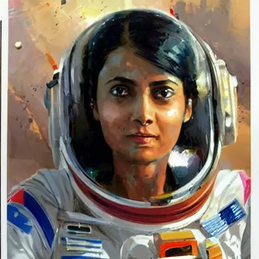 Prompt: a female space cadet from india, resting after a hard mission, happily tired, sci fi character portrait by John Berkey