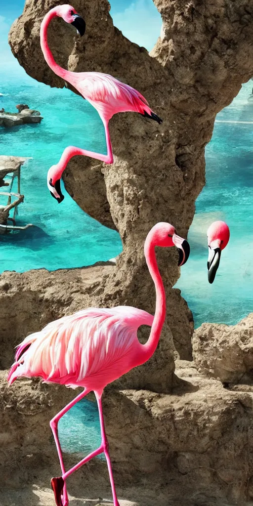 Prompt: a flamingo with 8 legs climbing a tree between the ruins of atlantis 4 k