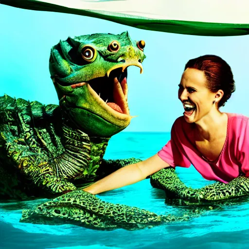 Image similar to Photostock of a soccermom happily married to a sea monster.