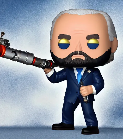 Image similar to portrait photo of joe biden as a funko pop figurine with a gatling gun. Macro photography.