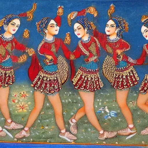 Prompt: a persian miniature painting, cheerleaders dancing, high detail, high quality, hd