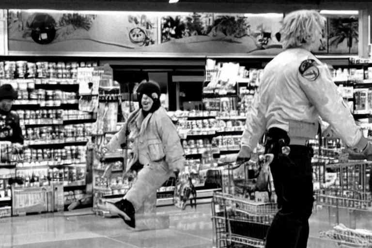 Image similar to a still ronald mcdonald shoplifting from a grocery store in the tv show the a - team, vcr recording