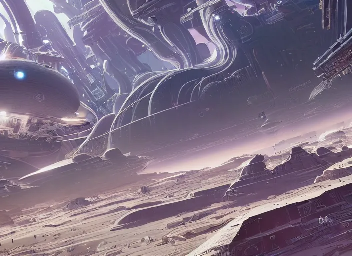 Prompt: close up view of a bustling space port on an alien planet by jeff darrow and moebius, earth and pastel colors, dramatic perspective, highly detailed, ultra realistic, masterpiece, 4 k, 8 k