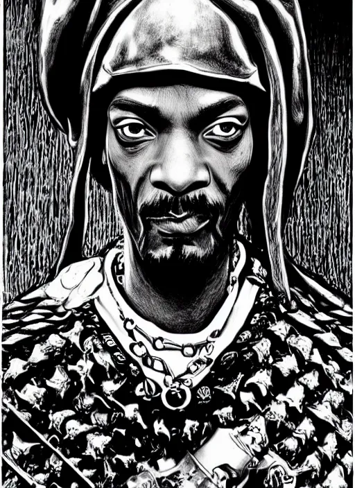 Image similar to Snoop Dogg as a knight, highly detailed, black and white, manga, art by Kentaro Miura