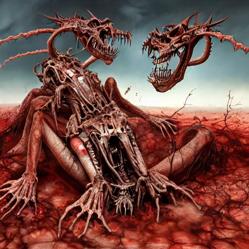 Image similar to conjoined demon twins emerging from pile of corpses in a desert hellscape covered in blood by Yoshitaka Amano, by HR Giger, biomechanical, 4k, hyper detailed, hyperrealism, anime, a Broken World demons flying overhead, red sky, blood and body parts, deviantart, artstation