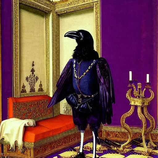 Image similar to a highly detailed painting of a raven dressed as an elegant tudor gentleman, in a lavish purple medieval room, by hans holbein