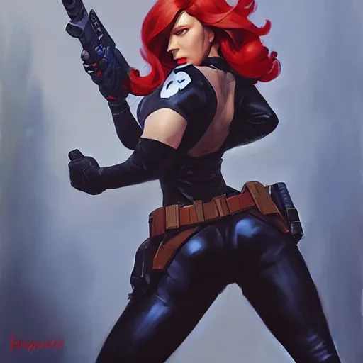 Prompt: greg manchess portrait painting of black widow as overwatch character, medium shot, asymmetrical, profile picture, organic painting, sunny day, matte painting, bold shapes, hard edges, street art, trending on artstation, by huang guangjian and gil elvgren and sachin teng