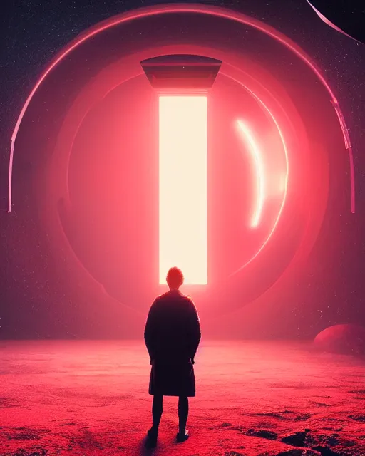 Image similar to a person standing in front of a glowy open door that's on a barren moon, poster art by mike winkelmann, trending on cg society, space art, sci - fi, ue 5, futuristic, volumetric lighting, light casting onto the ground, neat composition and camera angle