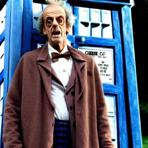 Prompt: christopher lloyd as doctor who in front of tardis, directed by steven spielberg, 1 9 9 4