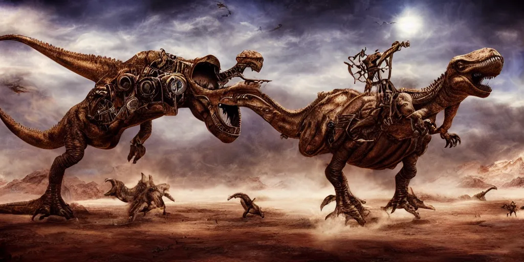 Image similar to hard metal rockers riding dinosaurs in the space desert, boris vallejo style, steampunk, hyper detailed, digital art, cinematic lighting, 8 k