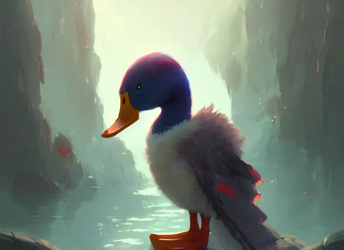 Prompt: cute fluffy mallard duck wearing red cultist robe, details, fantasy, epic, sacrificial altar, landscape illustration concept art anime key visual trending pixiv fanbox by wlop and greg rutkowski and makoto shinkai and studio ghibli and kyoto animation symmetrical facial features