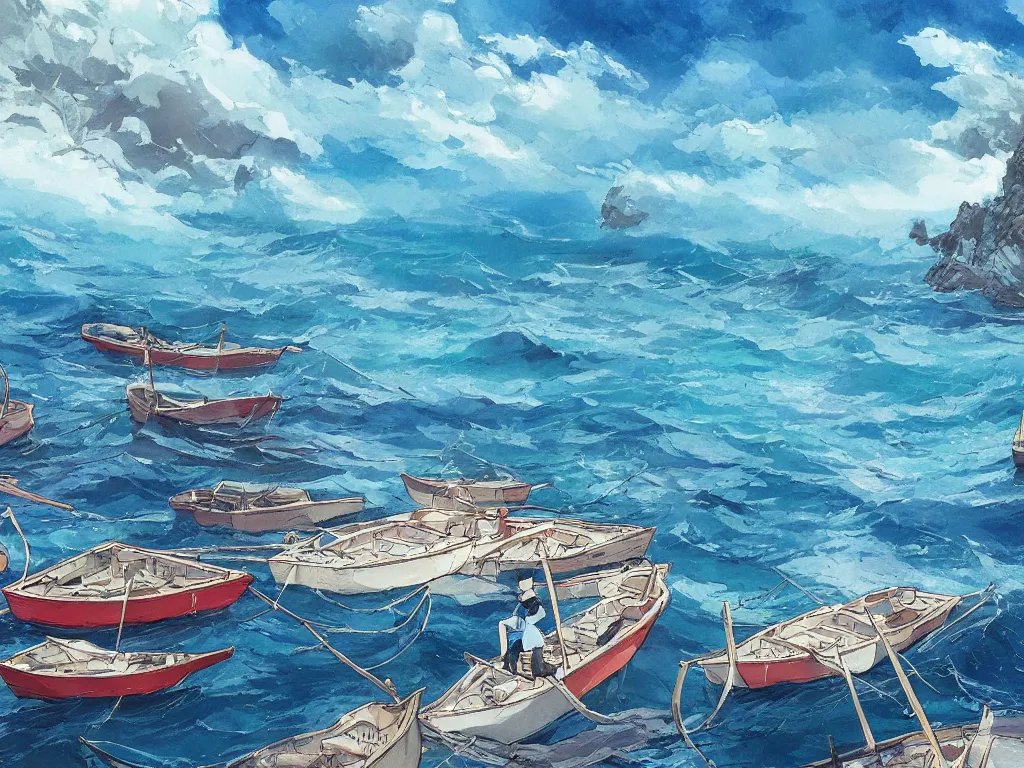 Prompt: sharp focus, breath taking beautiful, Aesthetically pleasing, gouache sea and boats, digital concept art background by Hayao Miyazaki and Studio Ghibli, fine art, official media, high definition, illustration, ambient lighting, HDR, HD, UHD, 4K, 8K, cinematic, high quality scan, award winning, trending, featured, masterful, dynamic, energetic, lively, elegant, intricate, complex, highly detailed, Richly textured, Rich vivid Color, masterpiece.