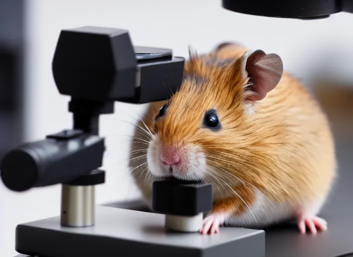 Image similar to film still of a hamster working in a research lab using a tiny microscope, 8 k