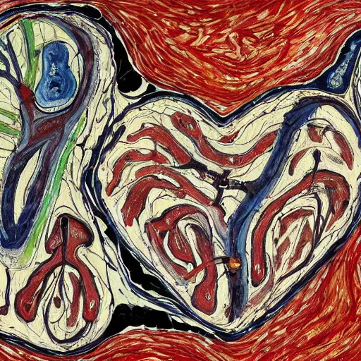 Image similar to anatomically correct human heart, real heart, anatomic, painting by jackson pollock