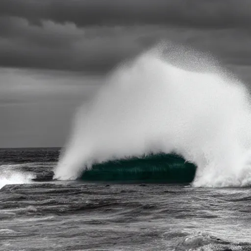 Image similar to photograph of a big incoming wave taken from the promenade, dramatic, looming, hyperrealistic