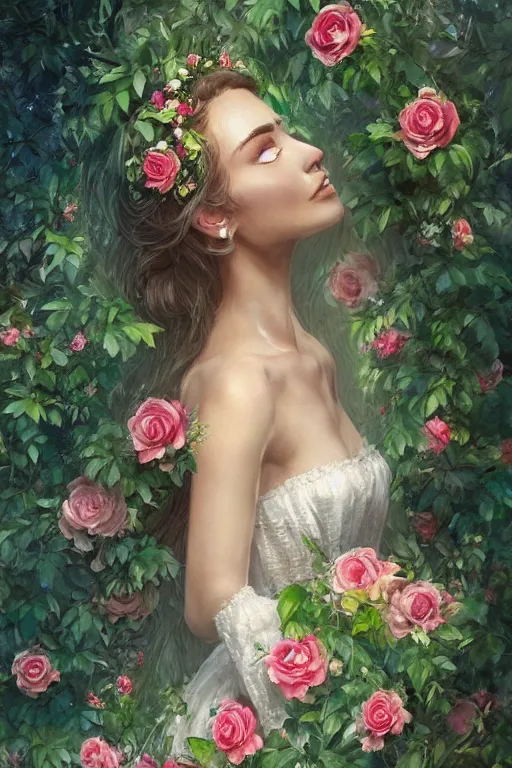 Prompt: beautiful woman in the middle of a lush garden with roses in her hair and an intricate gown, highly detailed, artstation, art by artgerm and greg rutkowski,