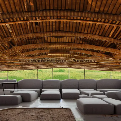 Image similar to interior view of modern futuristic farm barn architecture and interior design, lounge chairs, sofas, cows, chickens, pigs, wall art, detailed luminescent oil painting 4 k