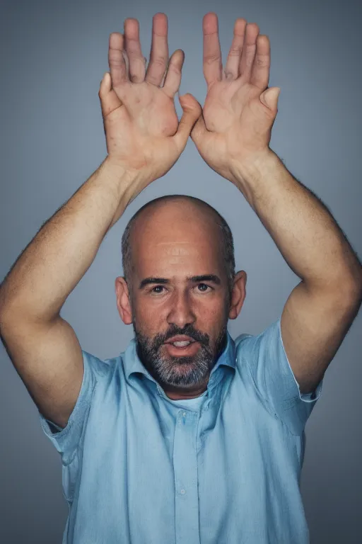 Image similar to a hd photo portrait of a man holding up four fingers , 8k
