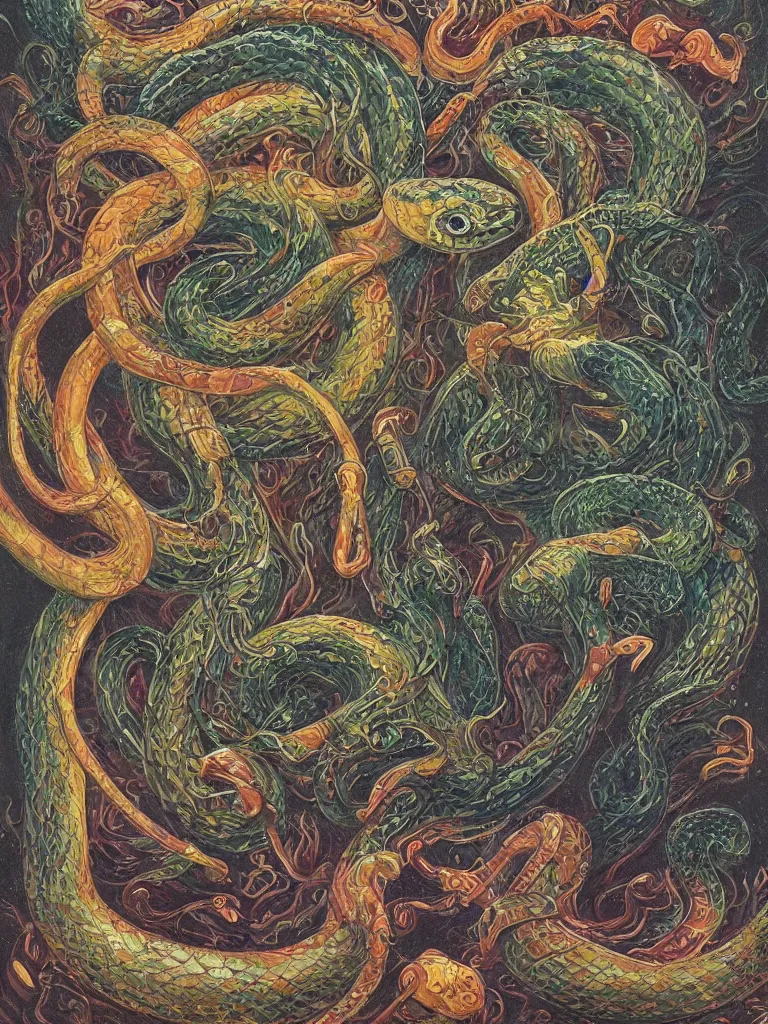 Prompt: ultradetailed painting of a slithering snake, chaotic primordial scene, volumetric lighting, serpent tarot card by Frieda Harris