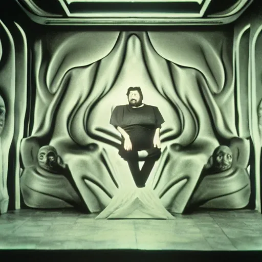 Prompt: chunky orson welles sitting on a dark throne, in an alien room by hans giger, film still from the movie by alejandro jodorowsky with cinematogrophy of christopher doyle and art direction by hans giger, anamorphic lens, kodakchrome, very detailed photo, 8 k