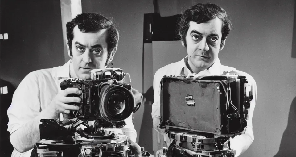 Image similar to a 1960s portrait photo of Stanley Kubrick on a movie set of the moon, 8K HD, old photo, highly detailed