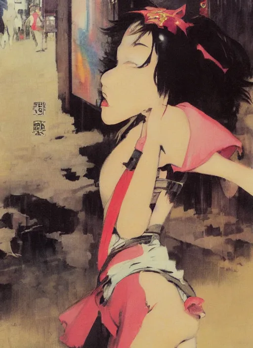 Prompt: painting of a young japanese woman standing in harajuku street art by frank frazetta