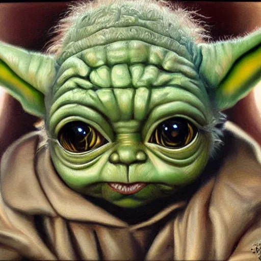 Prompt: a realistic oil painting of baby yoda as a cybernetic cyborg, surrealism portrait, surrealism album cover