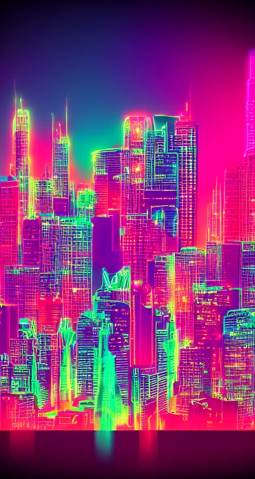 Image similar to city skyline, neon lights, glow, retrowave style