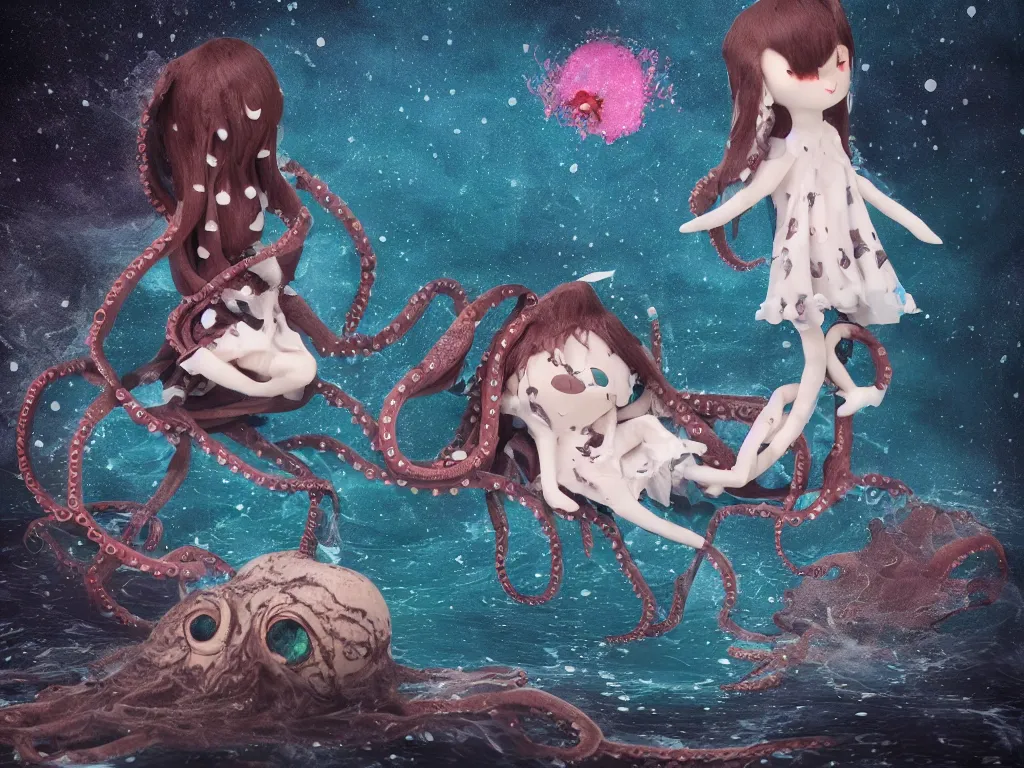 Image similar to cute fumo plush gothic octopus maiden alien girl swimming in the waves of the dark galactic abyss, tattered ragged gothic dress, ocean waves and reflective splashing water, ocean simulation, vignette, vray