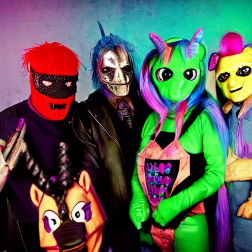 Image similar to slipknot riding my little pony