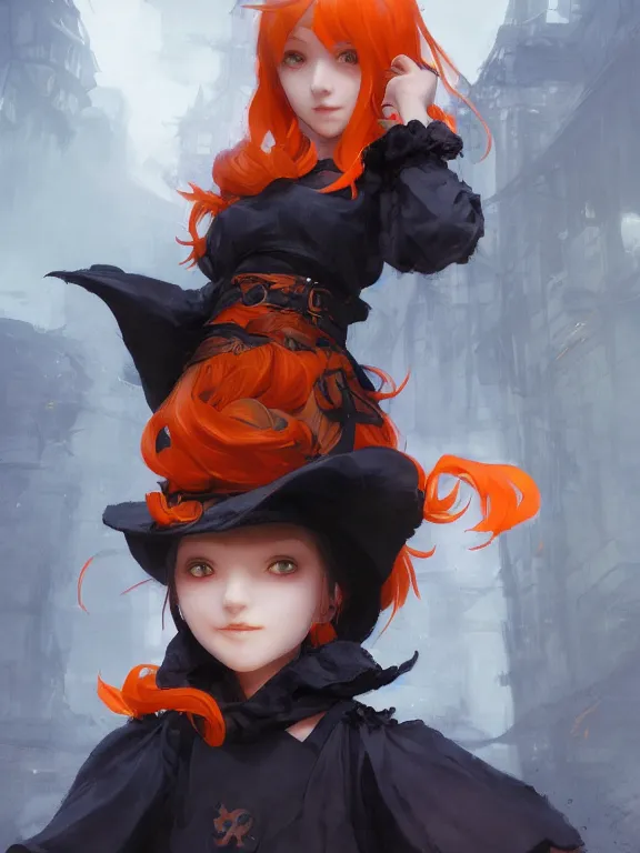 Image similar to Full shot of a cute mischievous young witch about to get up to some trouble. Black and Orange palette. By Ruan Jia and Artgerm and Range Murata and WLOP and CLAMP. Key Art. Fantasy Illustration. award winning, Artstation, intricate details, realistic, Hyperdetailed, 8k resolution.