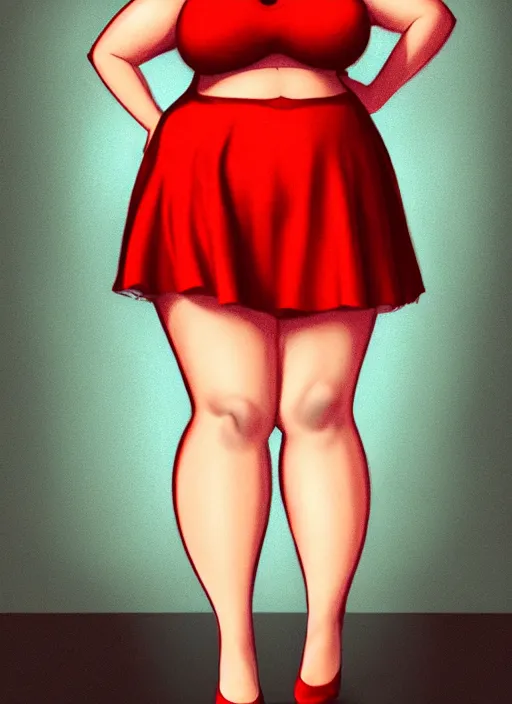 Image similar to full body portrait of teenage veronica lodge, obese, bangs, sultry, realistic, sultry smirk, wavy hair, red skirt, fat, belly, intricate, elegant, glowing lights, highly detailed, digital painting, artstation, concept art, smooth, sharp focus, illustration, art by wlop, mars ravelo and greg rutkowski