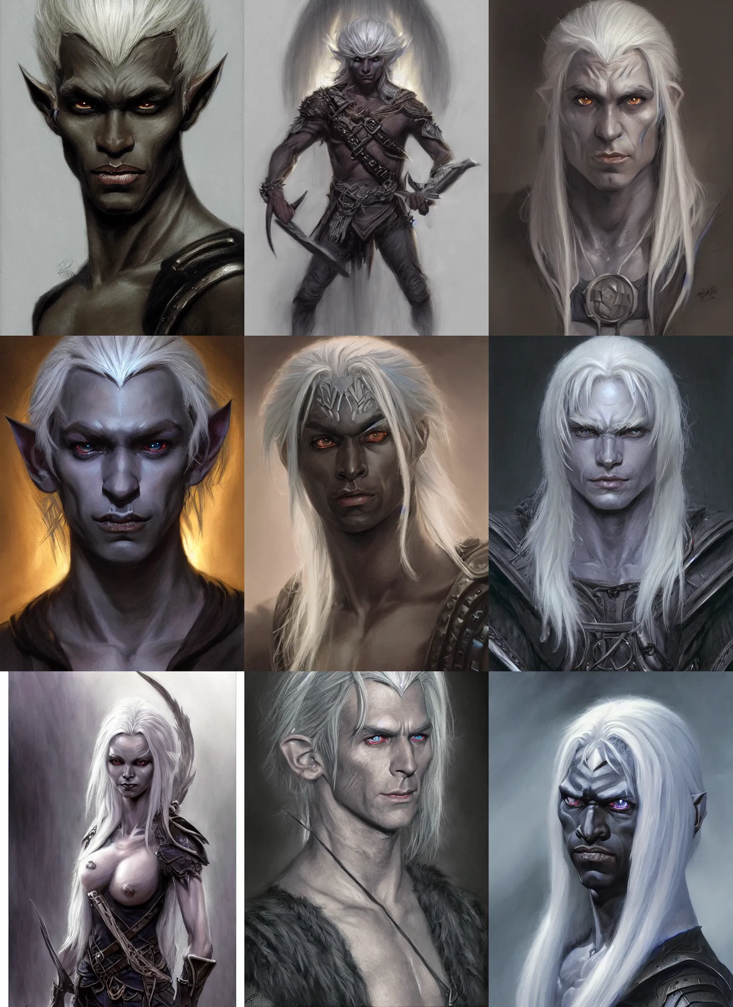 Prompt: a portrait of a dark drow elf male, medium length white hair, young adult, charcoal color skin, curious, style by donato giancola, wayne reynolds, jeff easley dramatic light, high detail, cinematic lighting, artstation, dungeons and dragons