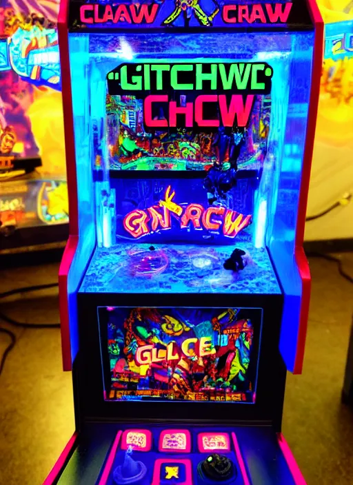 Image similar to cyberpunk claw toy prize machine, sign that says glitch, in an arcade