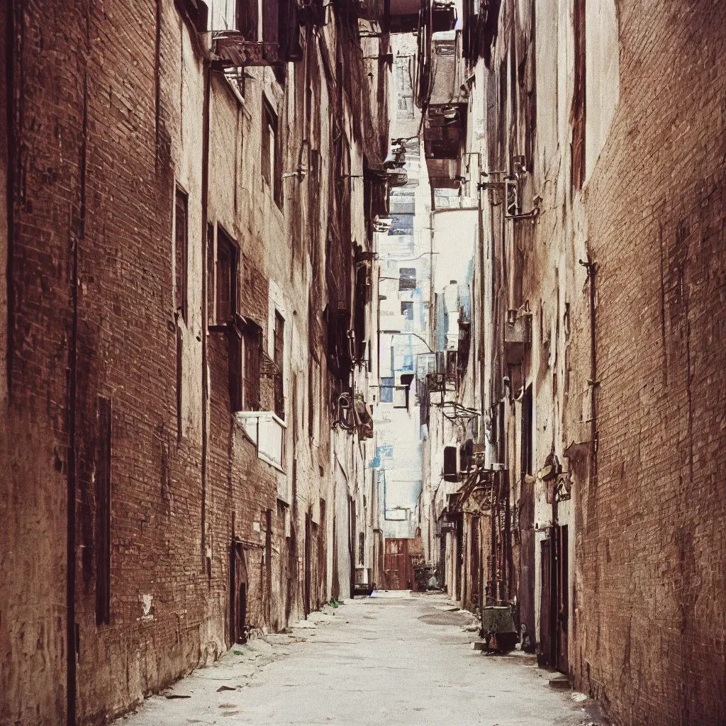 Prompt: photograph of a back alley 1970s. kodak portra film.