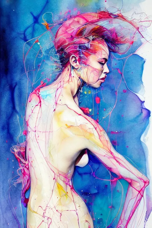 Image similar to sophia vergara by agnes cecile enki bilal moebius, intricated details, 3 / 4 back view, bendover posture, full body portrait, extremely luminous bright design, pastel colours, drips, autumn lights