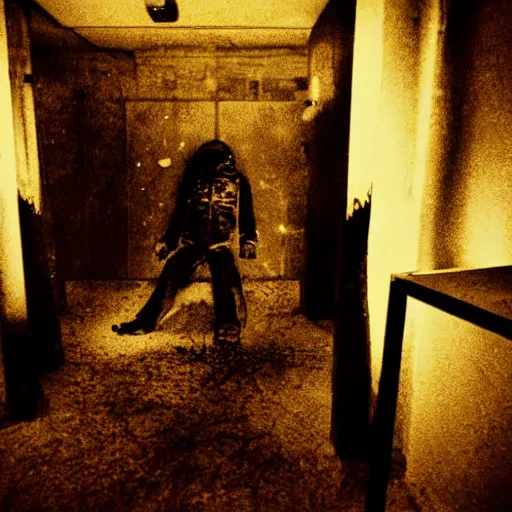 Image similar to creepy Liminal interior of dead space, masked person in corner, in the style of 35mm flash photography, award winning photograph,