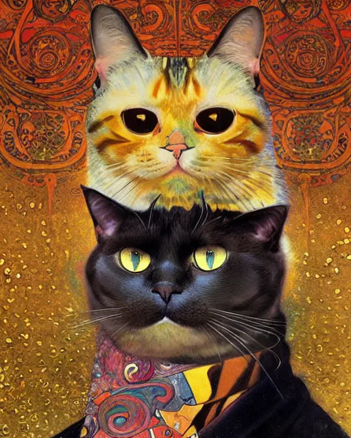 Prompt: gentleman cat portrait an oil painting splashes with many colors and shapes by gustav klimt greg rutkowski and alphonse mucha, polycount, generative art, psychedelic, fractalism, glitch art